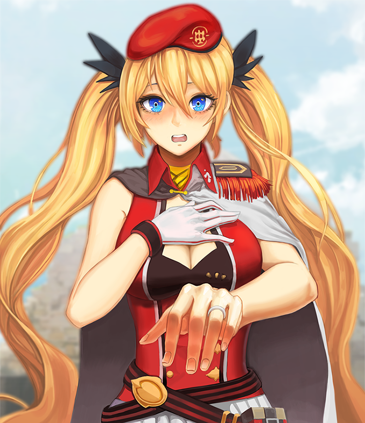 1girl, belt, beret, blonde_hair, blue_eyes, blush, bm59_(girls_frontline), breasts