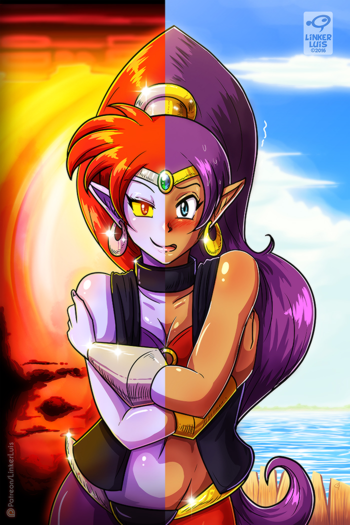 1girl, bandeau, blue_eyes, blush, breasts, choker, cleavage, commentary, dark_persona, dark_skin, dual_persona, earrings, forehead_jewel, hoop_earrings, jewelry, long_hair, luis_parada, midriff, nega-shantae, orange_hair, pointy_ears, red_eyes, self_hug, shantae, shantae_(character), shantae_(series), solo, split_image, tiara, vambraces, very_long_hair, vest, violet_eyes, yellow_sclera