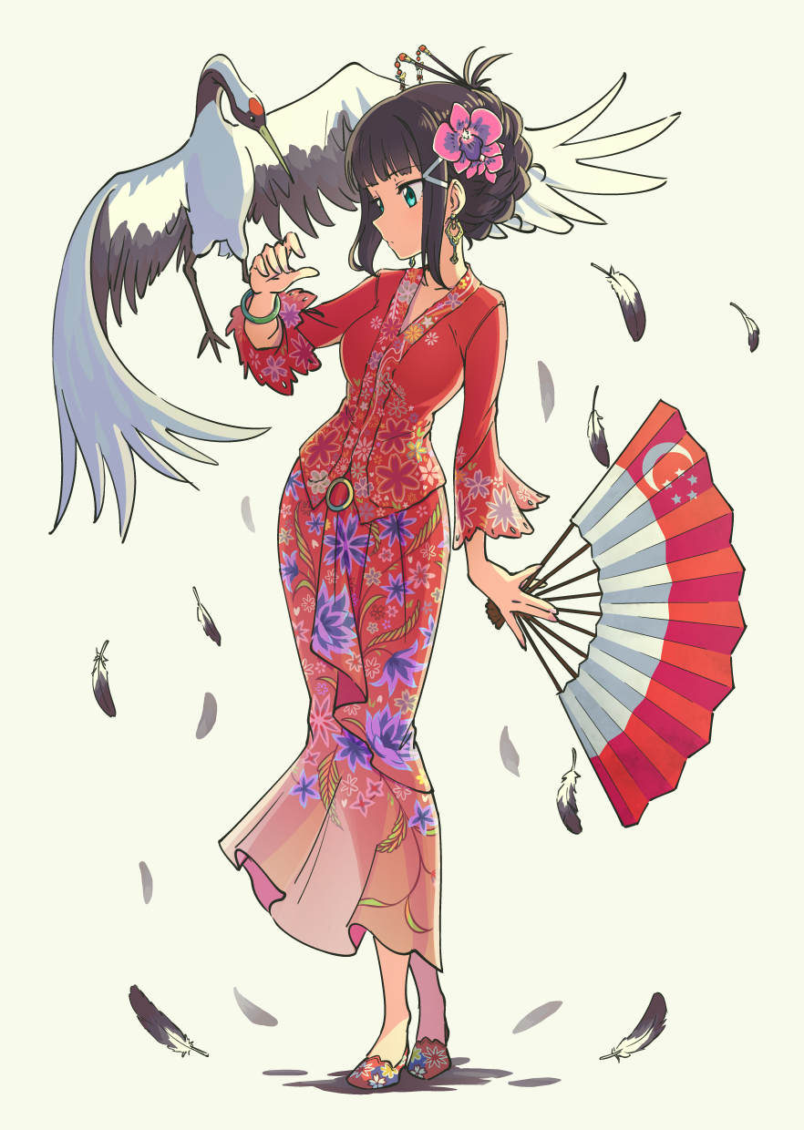 1girl, alternate_hair_length, alternate_hairstyle, bird, blue_eyes, bracelet, breasts, crane_(animal)