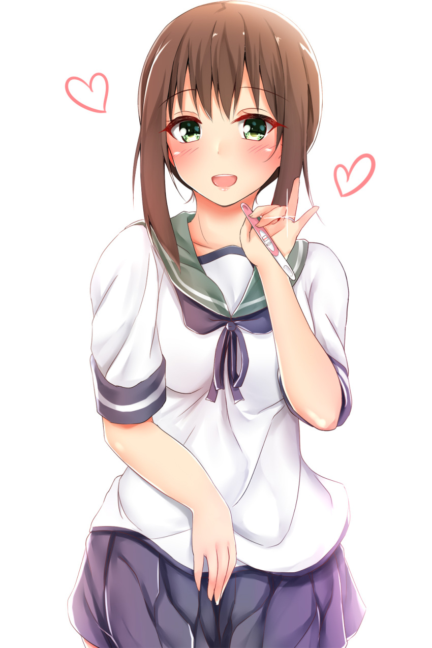 1girl, :d, blue_ribbon, blue_skirt, blush, breasts, brown_hair, collarbone, cowboy_shot, eyebrows_visible_through_hair, fubuki_(kantai_collection), glint, green_eyes, heart, highres, holding, jewelry, kantai_collection, looking_at_viewer, open_mouth, pikatchi, pleated_skirt, pregnancy_test, pregnant, ribbon, ring, school_uniform, serafuku, shiny, shiny_skin, shirt, short_hair, short_sleeves, simple_background, skirt, small_breasts, smile, standing, tareme, wedding_band, white_background, white_shirt