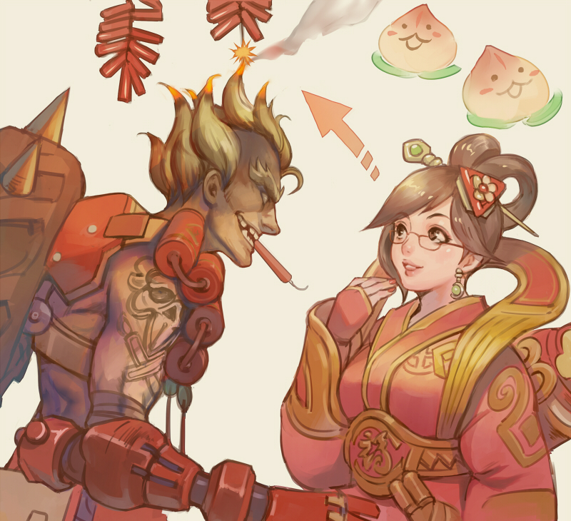 1boy, 1girl, alternate_color, alternate_costume, bandolier, blonde_hair, brown_eyes, brown_hair, chinese_clothes, directional_arrow, earrings, eyebrows_visible_through_hair, firecrackers, firework_junkrat, glasses, hagoromo, hair_ornament, hairpin, hand_to_own_mouth, jewelry, junkrat_(overwatch), lips, luna_mei, mechanical_arm, mei_(overwatch), mouth_hold, muscle, nail_polish, overwatch, parted_lips, sae_(revirth), scroll, shawl, short_hair, spikes, spiky_hair, tattoo, thick_eyebrows, tire