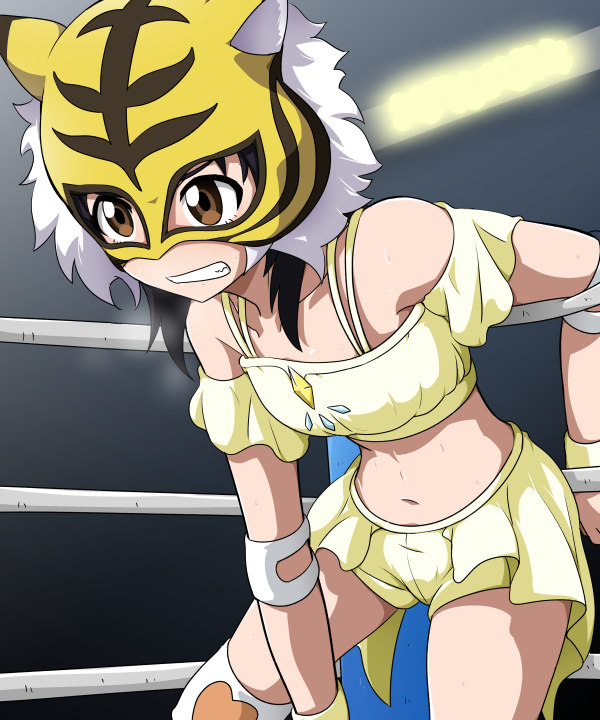 bare_shoulders, bioroid_hei, black_hair, boots, brown_eyes, commentary_request, elbow_pads, mask