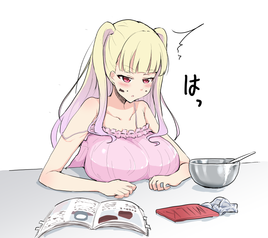 1girl, bangs, blunt_bangs, blush, book, breast_rest, breasts, chocolate, chocolate_on_face, english, food, food_on_face, huge_breasts, long_hair, open_book, red_eyes, seseri7th, sleepy, strap_slip, tokyo_7th_sisters, two_side_up, uesugi_u_kyouko