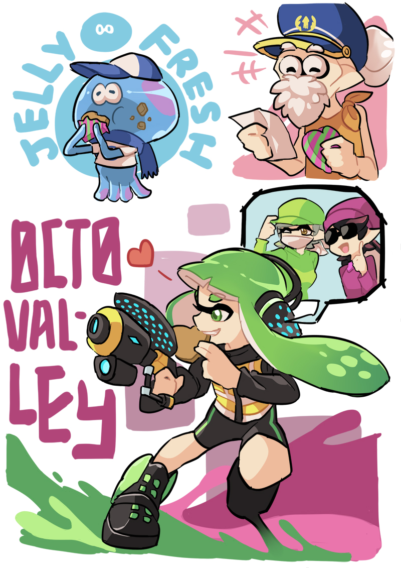 2boys, 3girls, aori_(splatoon), baseball_cap, beanie, beard, bike_shorts, black_shirt