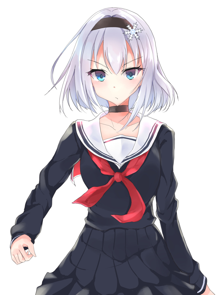 1girl, black_serafuku, blue_eyes, blush, choker, hair_ornament, hairband, highres