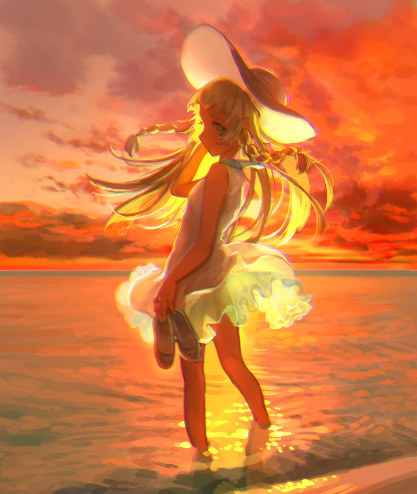 1girl, bangs, bare_shoulders, blunt_bangs, braid, clouds, cloudy_sky, dress