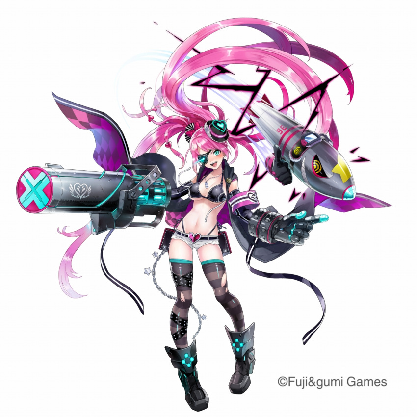 :d, aqua_eyes, arm_cannon, armor, armored_boots, belt, belt_buckle, belt_pouch, bikini, black_killers_(phantom_of_the_kill), boots, bow, breasts, buckle, chains, cutoff_jeans, cutoffs, dark_persona, dog_tags, earrings, elbow_gloves, eyepatch, freikugel, gloves, glowing, goggles, hair_bow, hair_ornament, hat, heart_shape, highres, jewelry, large_breasts, laughing, leather, leather_bikini, legband, long_hair, long_jacket, missile, open_mouth, phantom_of_the_kill, pink_hair, ribbon, side_ponytail, sleeveless_jacket, smile, star, swimsuit, thigh-highs, thumbs_up, torn_clothes, torn_thighhighs, very_long_hair, weapon