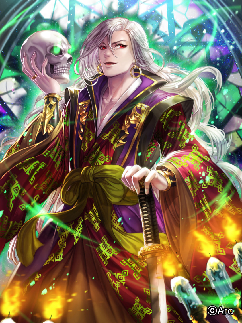 1boy, amakusa_shirou, box_(hotpppink), candle, earrings, glowing, glowing_eyes, highres, holding_skull, japanese_clothes, jewelry, katana, long_hair, male_focus, official_art, open_mouth, pale_skin, red_eyes, ring, sengoku_kishin_valkyrie, skull, solo, sword, very_long_hair, watermark, weapon, white_hair