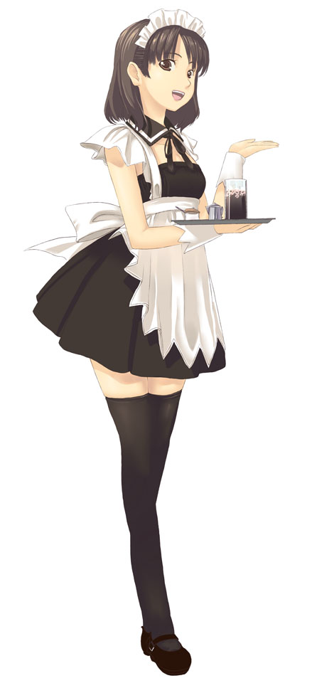 1girl, apron, brown_eyes, brown_hair, cute, drink, happy, maid, serving, skirt, smile, solo, thigh-highs, thighhighs, wrist_cuffs, yakepu, zettai_ryouiki