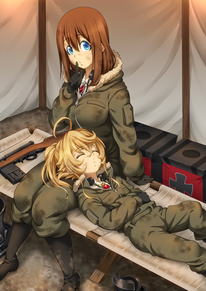 2girls, ahoge, belt, black_gloves, blonde_hair, blue_eyes, boots, breasts