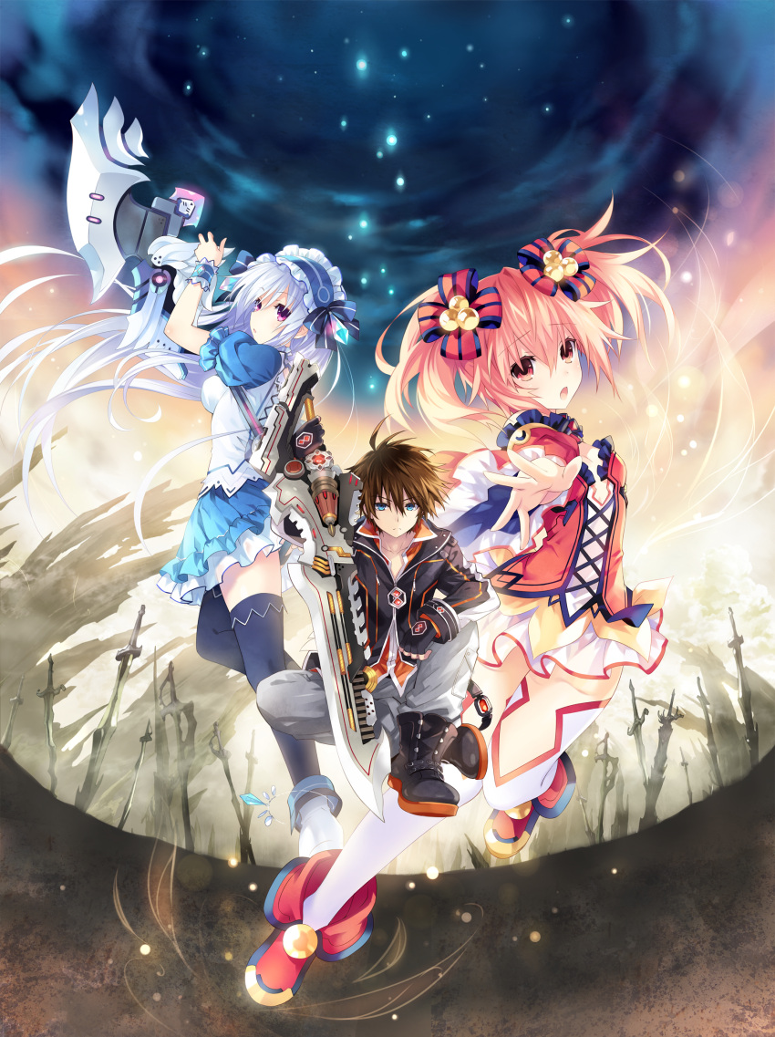 1boy, 2girls, absurdres, alyn_(fairy_fencer_f), black_bow, black_bowtie, blue_eyes, blue_hair