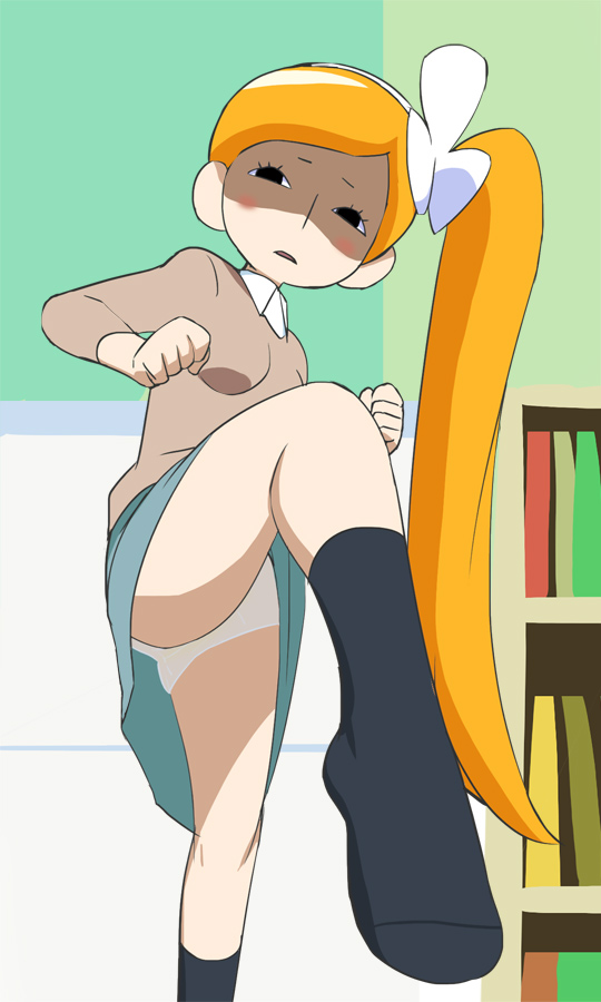 1girl, alternate_hairstyle, blonde_hair, blush_stickers, bookshelf, chou_shounen_tanteidan_neo, hanazaki_mayumi, haruyama_kazunori