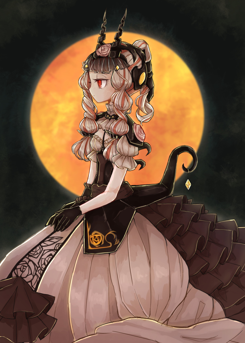 1girl, blonde_hair, butter_run, dress, flower, full_moon, gem, gloves