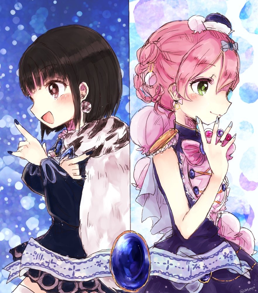 2girls, 364poyo, black_hair, bluebell_candy, candy, food, green_eyes, hat
