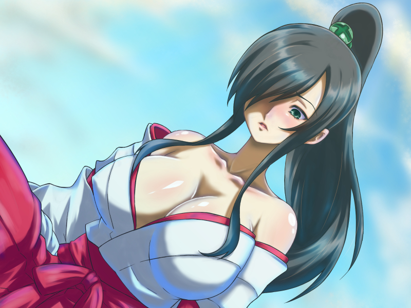 1girl, alternate_costume, alternate_hairstyle, bare_shoulders, black_hair, blue_sky, blush, breasts