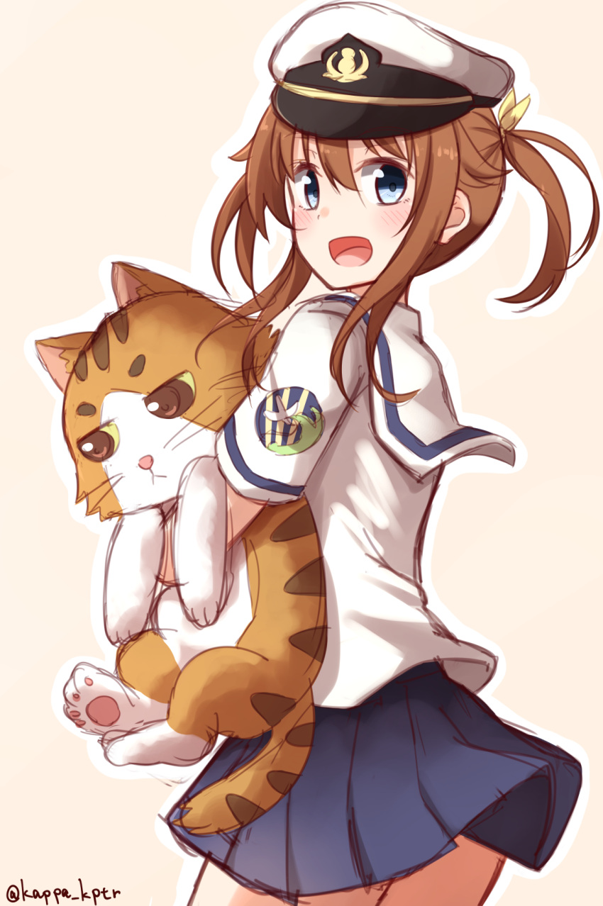 1girl, :d, animal, blue_eyes, blush, brown_hair, cat, cowboy_shot