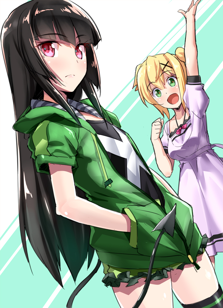 2girls, akatsuki_kirika, alternate_hairstyle, arm_up, black_hair, black_legwear, black_shirt, blonde_hair
