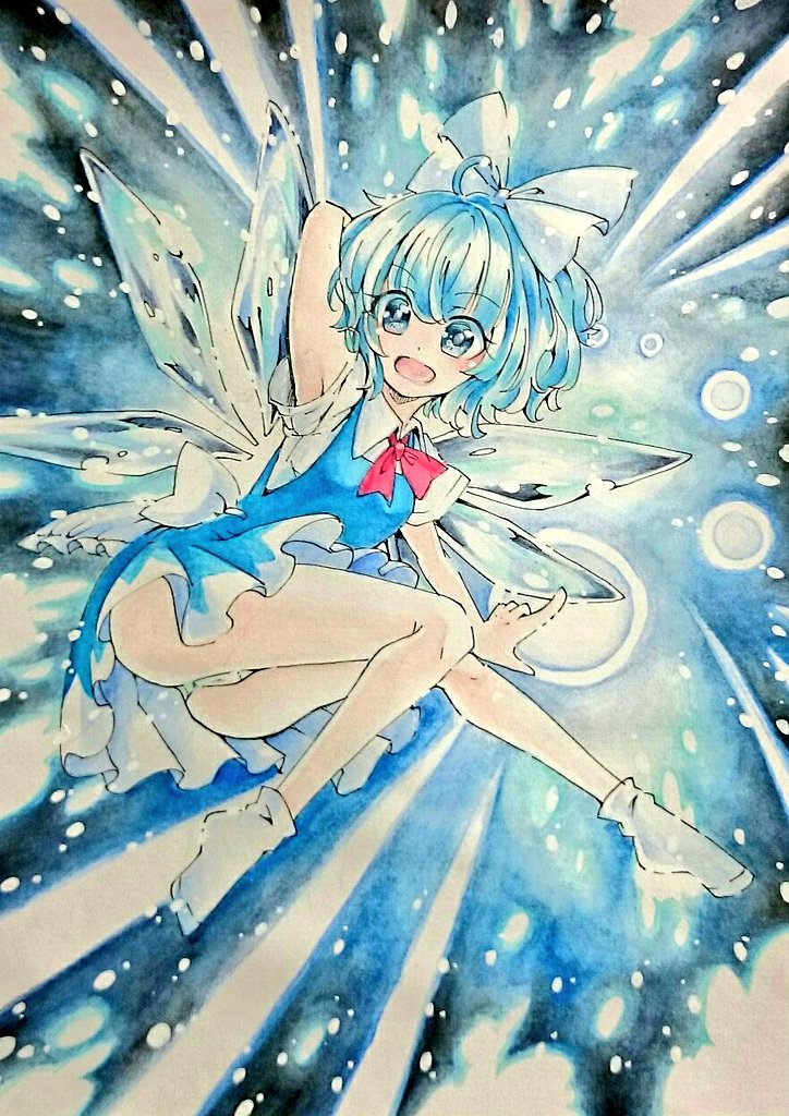 1girl, armpits, bare_legs, blue_dress, blue_eyes, blue_hair, bow, chaka3464