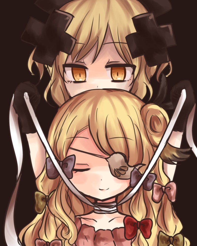 2girls, bandage, blonde_hair, closed_eyes, eyepatch, hat, mahou_shoujo_ikusei_keikaku, multiple_girls
