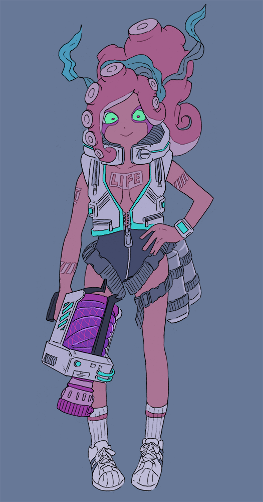 1girl, center_opening, green_eyes, h-3_nozzlenose_(splatoon), hand_on_hip, katou_(osoraku), kelp, leotard
