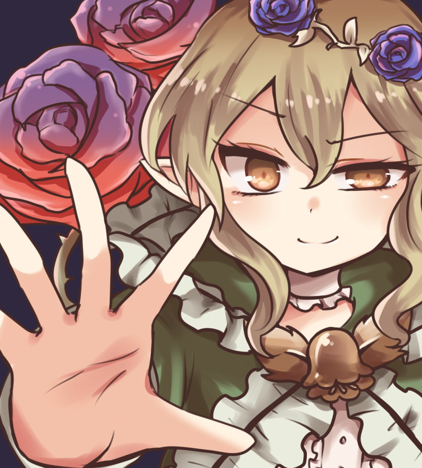 1girl, blonde_hair, cranberry_(mahoiku), flower, highres, mahou_shoujo_ikusei_keikaku, outstretched_arm, outstretched_hand