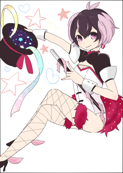 1girl, 6269, cane, fishnet_legwear, fishnets, funny_trick, hat, heart, legs_crossed, magician, mahou_shoujo_ikusei_keikaku, mahou_shoujo_ikusei_keikaku_limited, multicolored_hair, short_hair, sitting, solo, star, two-tone_hair