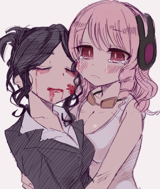 2girls, blood, brown_hair, closed_eyes, death, headphones, hug, mahou_shoujo_ikusei_keikaku