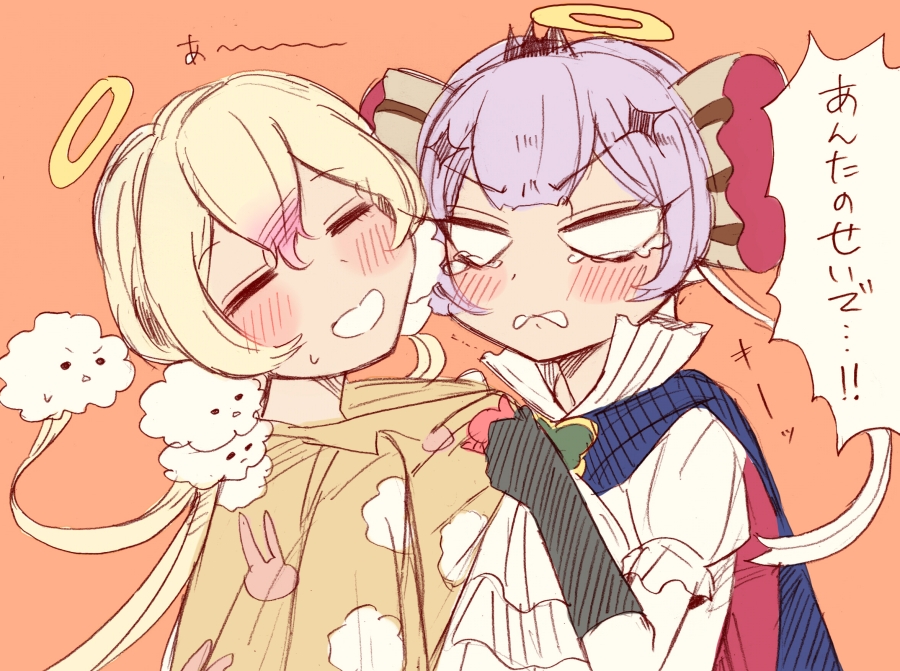 2girls, angry, blonde_hair, closed_eyes, gloves, grabbing, halo, mahou_shoujo_ikusei_keikaku, multiple_girls, nemurin_(mahoiku), purple_hair, ruler_(mahoiku), tears, tenmitsu, twintails