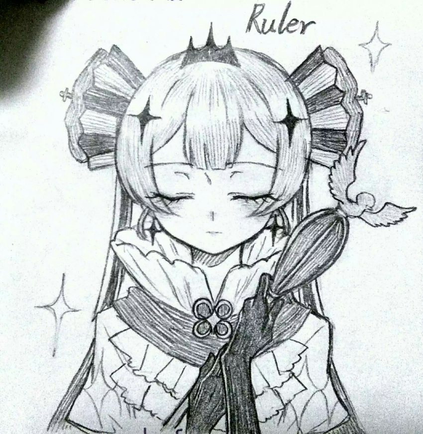 1girl, character_name, closed_eyes, gloves, highres, lichu_ric, mahou_shoujo_ikusei_keikaku, monochrome, ruler_(mahoiku), scepter, solo, sparkle, tiara, traditional_media, upper_body