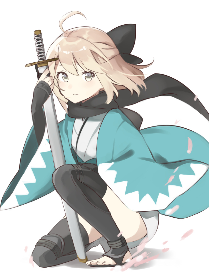 1girl, ahoge, bangs, black_bow, black_legwear, blonde_hair, bow, closed_mouth