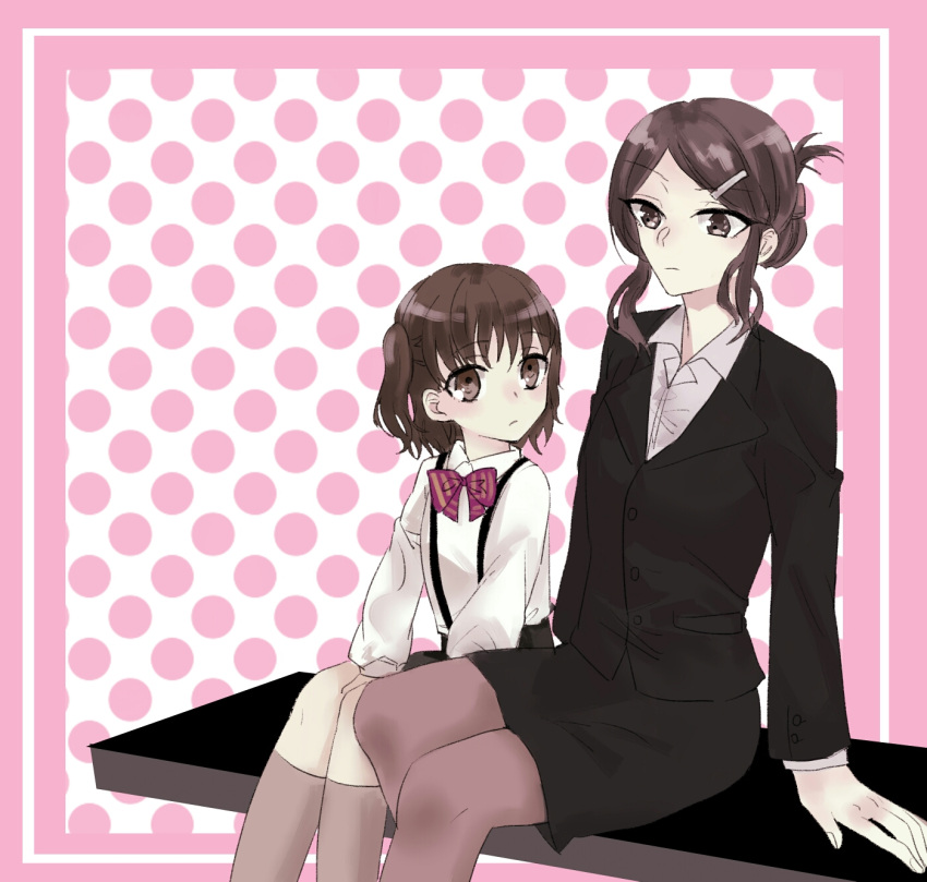 2girls, age_difference, brown_eyes, brown_hair, formal, highres, hshs, mahou_shoujo_ikusei_keikaku