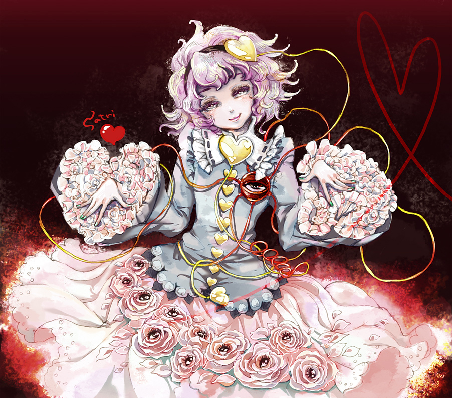 chihiro_(artist), flower, frilled_sleeves, frills, gothic_lolita, hairband, heart, komeiji_satori, lolita_fashion, purple_eyes, purple_hair, rose, roses, short_hair, takatora, touhou, violet_eyes