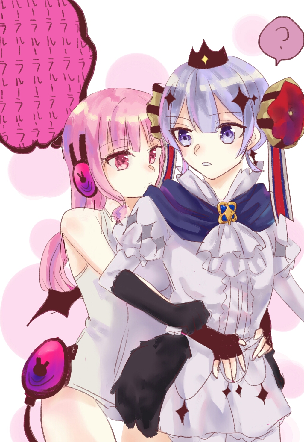 2girls, fingerless_gloves, gloves, headphones, highres, hshs, hug, hug_from_behind