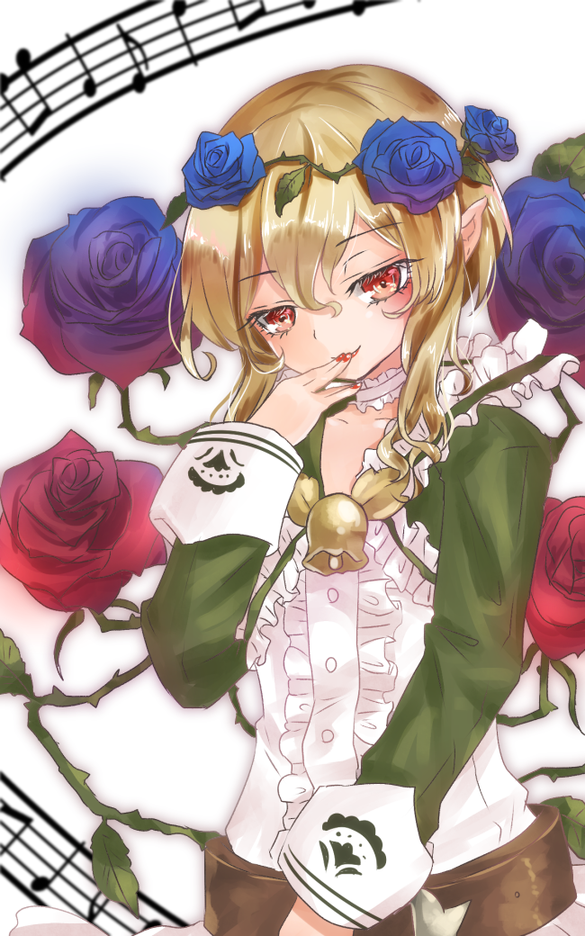 1girl, blonde_hair, cranberry_(mahoiku), elf, flower, mahou_shoujo_ikusei_keikaku, pointy_ears, red_eyes