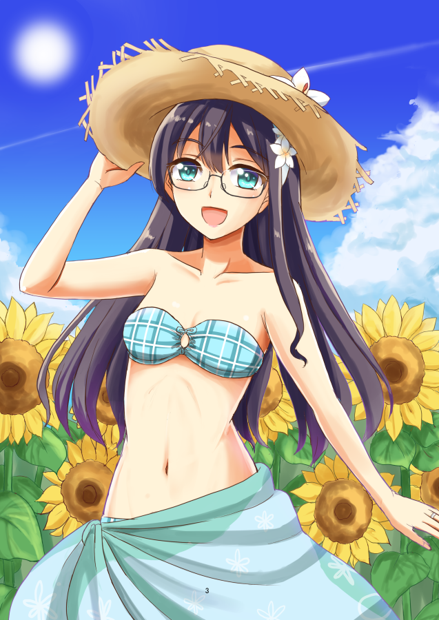 1girl, :d, alternate_costume, aqua_eyes, arm, bare_arms, bare_shoulders, bikini