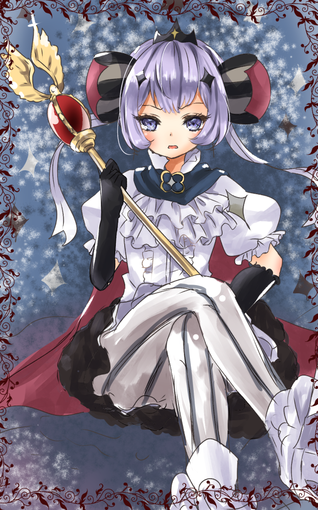 1girl, elbow_gloves, gloves, legs_crossed, mahou_shoujo_ikusei_keikaku, purple_hair, ruler_(mahoiku), scepter
