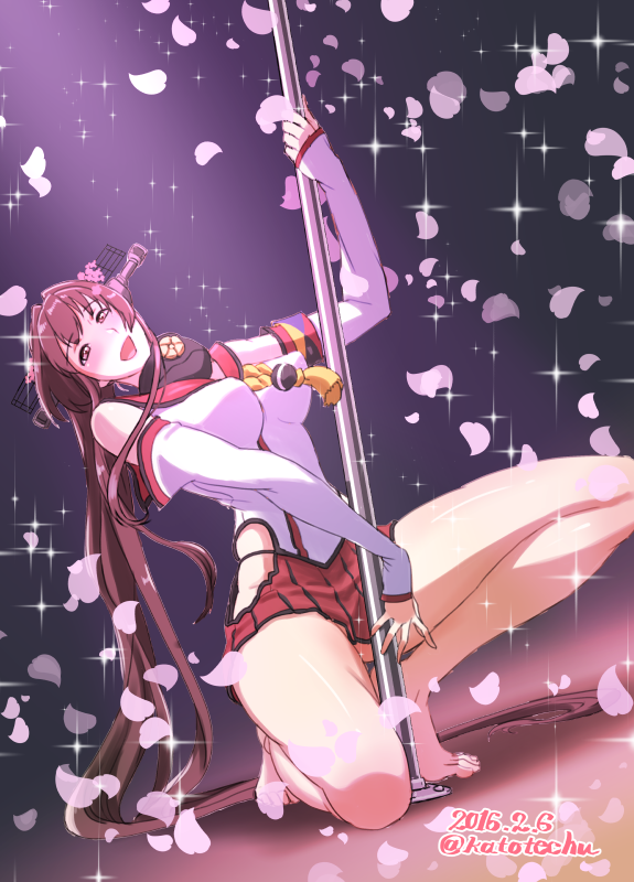 1girl, absurdly_long_hair, barefoot, between_legs, blush, brown_hair, cherry_blossoms, dated