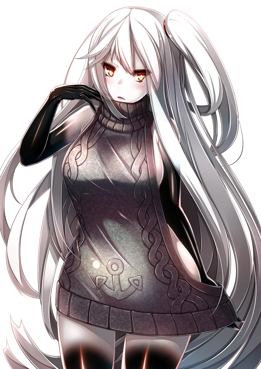 1girl, aircraft_carrier_oni, alternate_costume, anchor_symbol, blush, breasts, clothes_pull, fuuki_(te_fuukin)