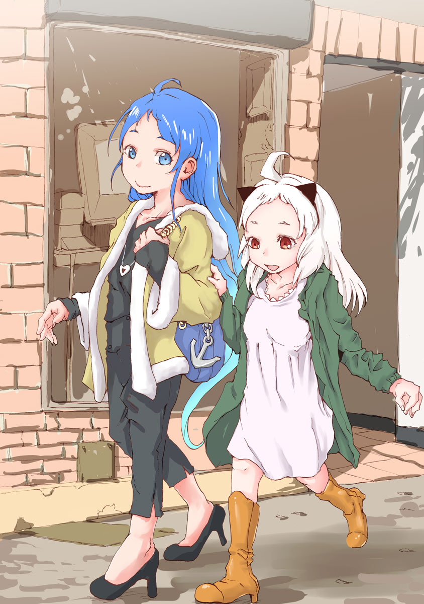 2girls, :d, ahoge, alternate_costume, backpack, bag, blue_eyes, blue_hair