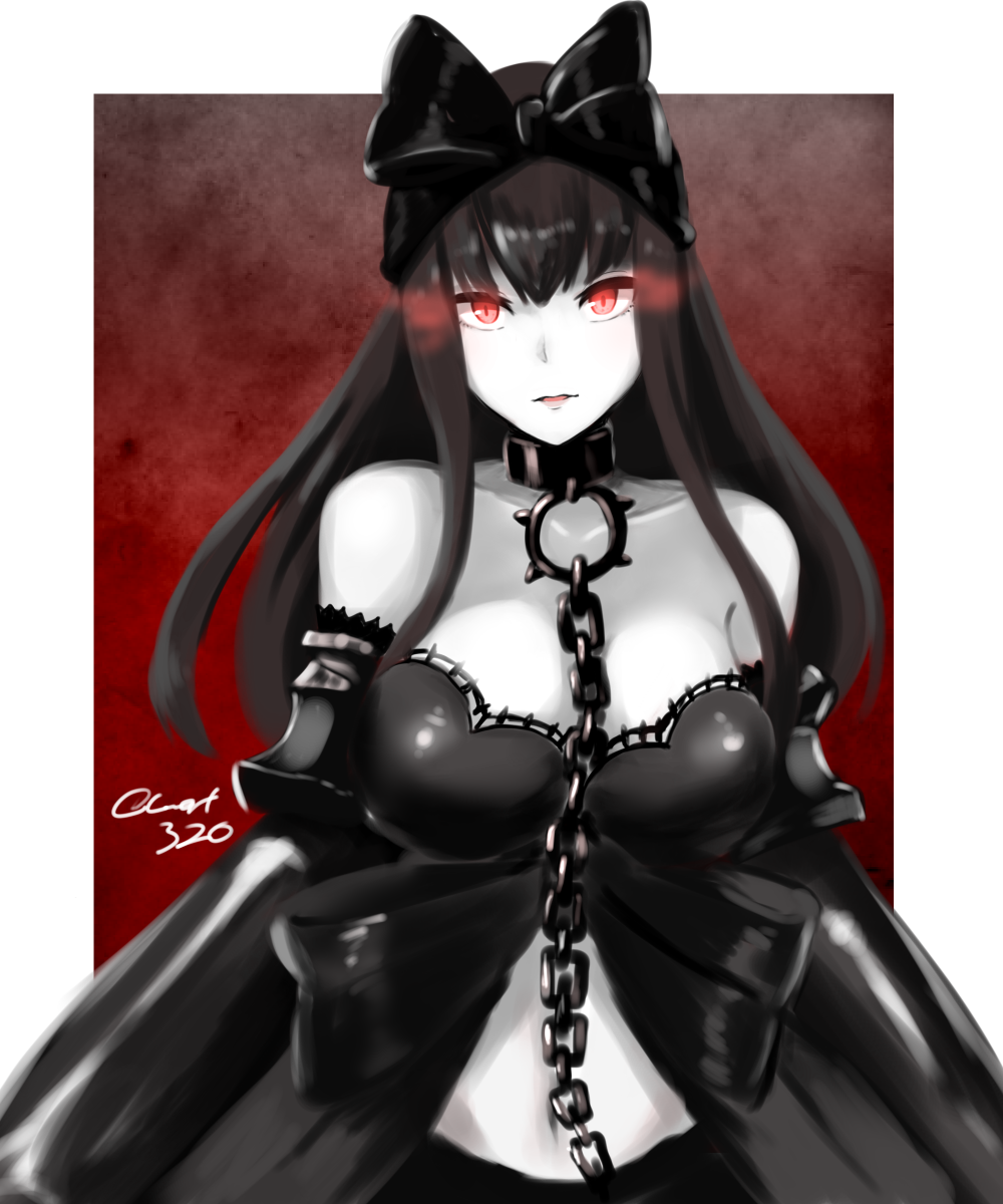 1girl, bare_shoulders, black_bow, black_dress, black_hair, bow, breasts, chains