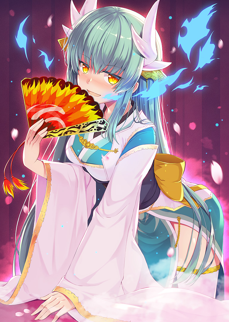 1girl, aqua_hair, benitsuki_tsubasa, blush, commentary_request, fan, fate/grand_order, fate_(series)
