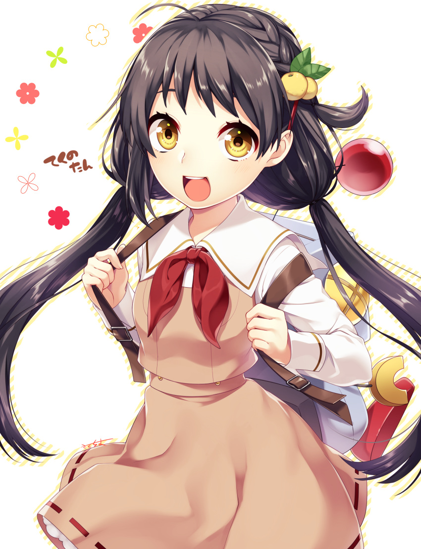 1girl, :d, absurdres, ahoge, akino_teku, artist_name, backpack, bag