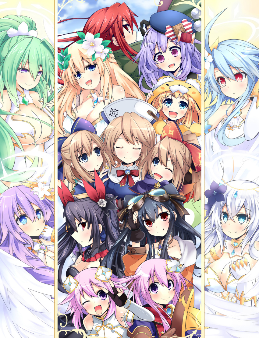 6+girls, ahoge, angel_wings, bare_shoulders, black_hair, black_heart, blanc, blonde_hair