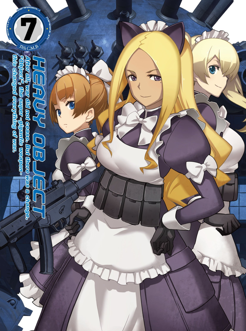 3girls, animal_ears, apron, blonde_hair, blu-ray_cover, blue_eyes, bow, bowtie, brown_eyes, brown_hair, cat_ears, charm, frills, gun, heavy_object, highres, holding, holding_gun, holding_weapon, lemish, looking_at_viewer, maid_apron, maid_headdress, mole, mole_under_eye, multiple_girls, nagi_ryou, object_(vehicle), official_art, ponytail, silver_hair, smile, weapon, wydine_uptown