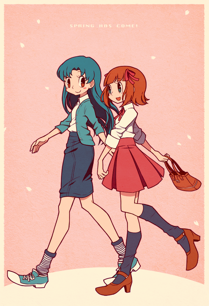 2girls, :d, amami_haruka, bag, blue_hair, blush, brown_eyes, brown_hair