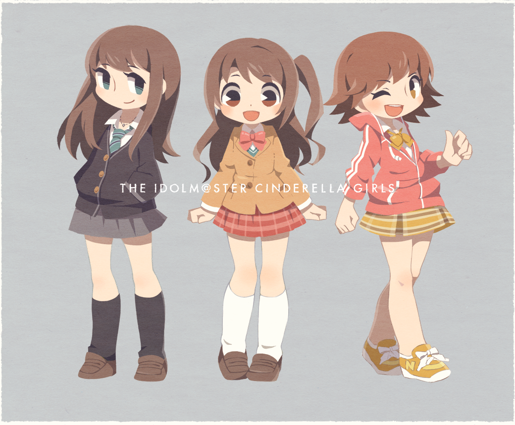 3girls, :d, ;d, blazer, blush, bow, bowtie, brown_eyes
