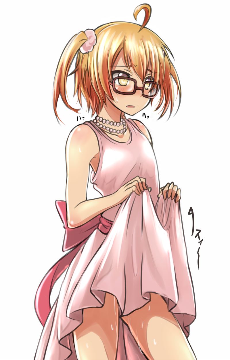 1boy, ahoge, brown_eyes, dress, glasses, highres, jewelry, love_stage!!, male_focus, necklace, pearl_necklace, pink_dress, sena_izumi, short_twintails, solo, standing, tom_(drpow), trap, twintails, white_background
