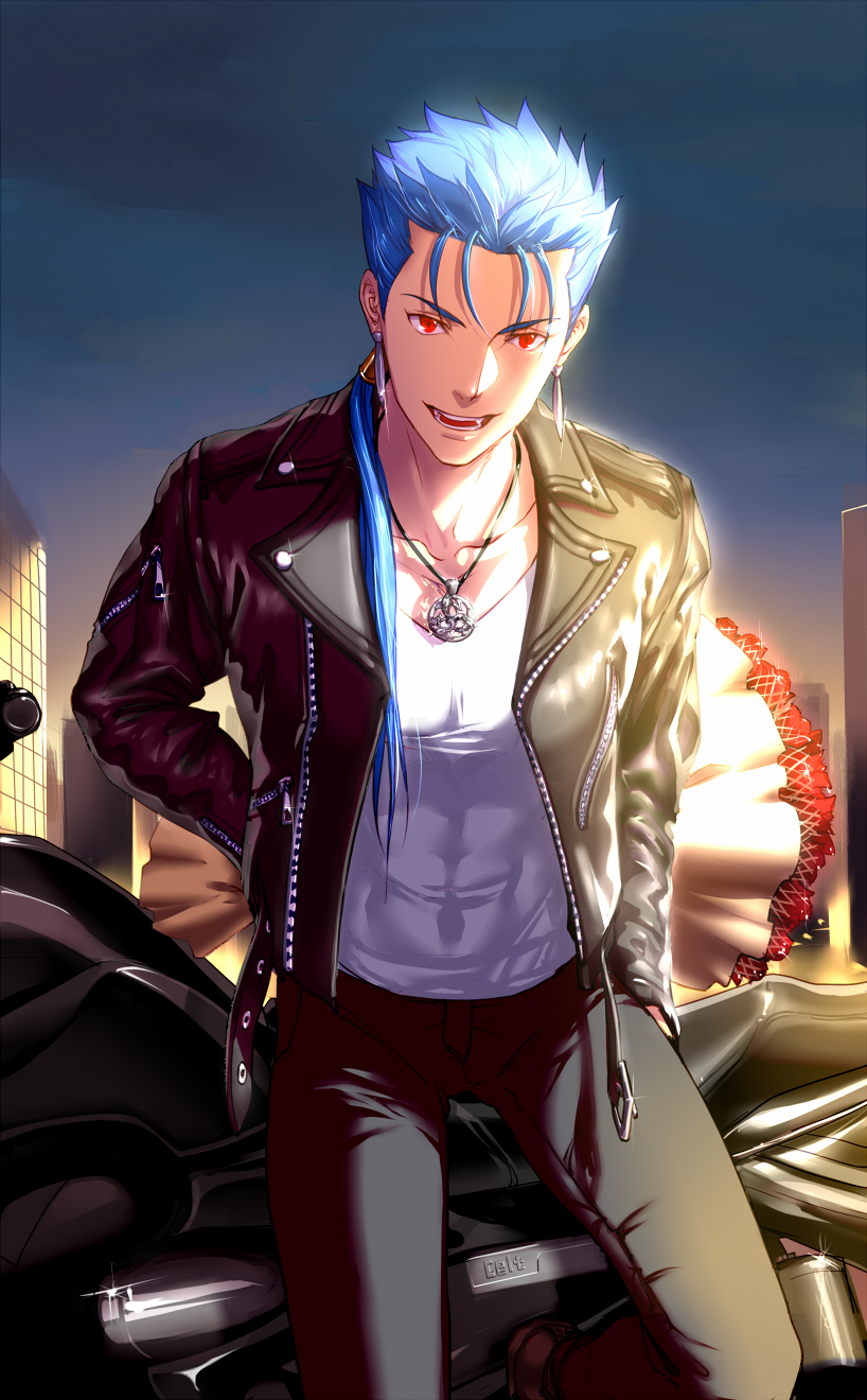 1boy, alternate_costume, arm_behind_back, biker_clothes, blue_hair, bouquet, collarbone, commentary_request, earrings, eilinna, fangs, fate/stay_night, fate_(series), flower, ground_vehicle, highres, holding, holding_bouquet, jewelry, lancer, looking_at_viewer, male_focus, motor_vehicle, motorcycle, necklace, ponytail, red_eyes, solo, sparkle, valentine