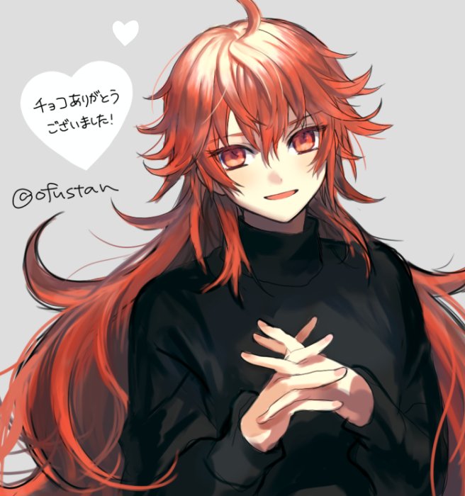 1boy, ahoge, blush, fate/grand_order, fate_(series), long_hair, looking_at_viewer, male_focus, ofstan, open_mouth, orange_hair, rama_(fate/grand_order), red_eyes, redhead, smile, solo, sweater, trap, very_long_hair