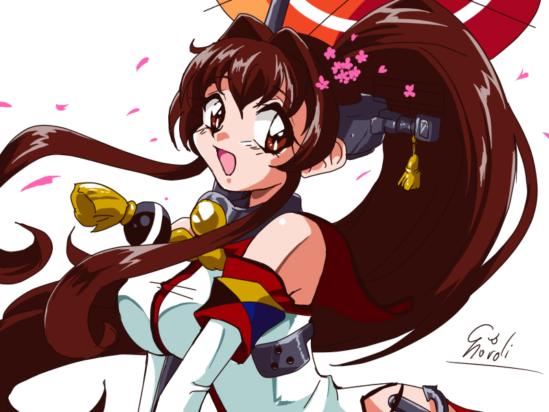 1girl, 90s, anchor, brown_hair, cherry_blossoms, choroli_(chorolin), flower, hair_flower, hair_ornament, headgear, hip_vent, kantai_collection, long_hair, oriental_umbrella, parody, ponytail, simple_background, solo, style_parody, umbrella, very_long_hair, white_background, yamato_(kantai_collection), zulu_(naval_flag)
